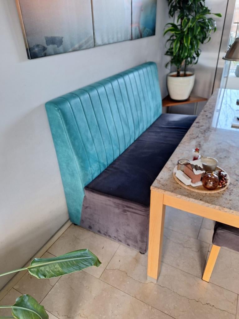 Luxe design eettafelbank - aqua met zwart, Gebruikt, 150 tot 200 cm, Driepersoons, Ophalen of Verzenden