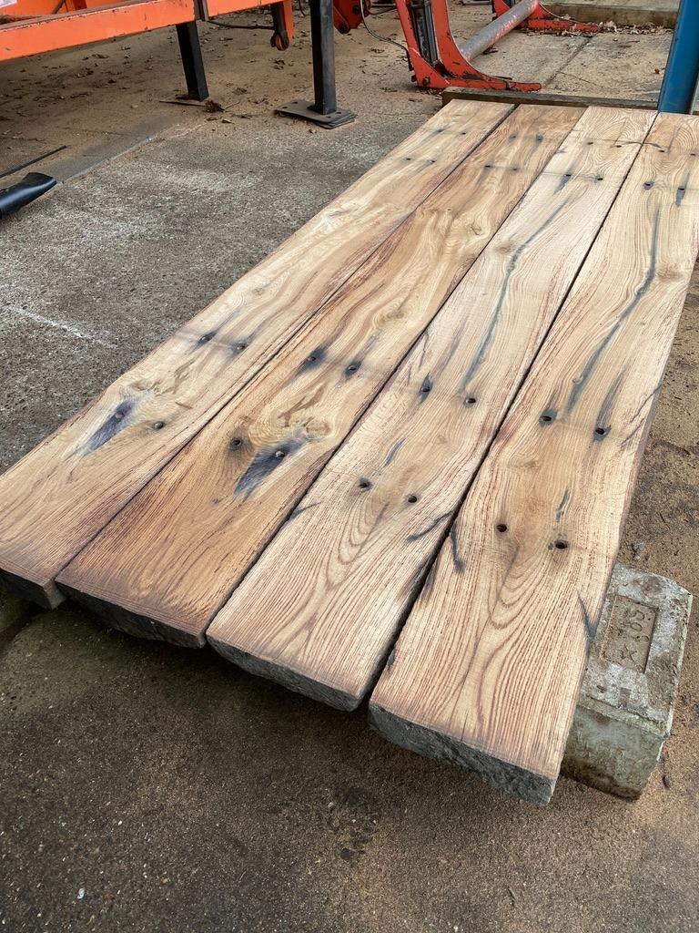 Spoorbielzen, bielzen, eiken planken, onbehandeld, robuust!, Ophalen, Eiken, Zo goed als nieuw, 200 tot 250 cm