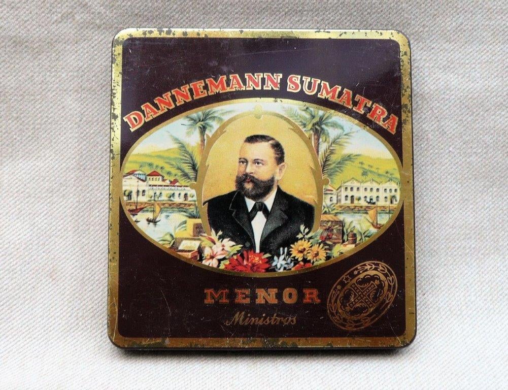 blik, leeg! Dannemann Sumatra Menor Ministros 10 sigaren., Ophalen of Verzenden, Gebruikt, Tabaksdoos of Verpakking