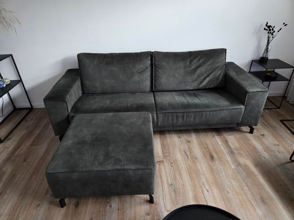 Donkergroene 3-zits bank met hocker - Adore Hunter stof, Ophalen, Driepersoons, 75 tot 100 cm, Zo goed als nieuw