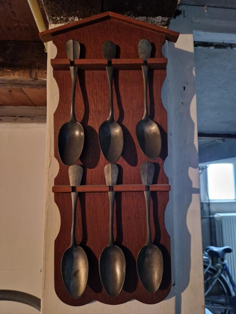 Antiek Houten Lepelrek met Tinnen Lepels, Ophalen of Verzenden