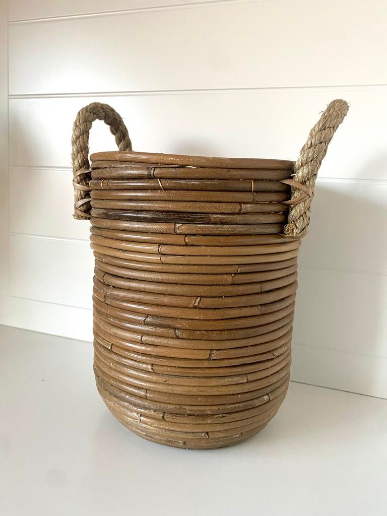 Rieten rotan Mand met Touw Handvatten van der leden, Gebruikt, Mand, Rond, Ophalen of Verzenden