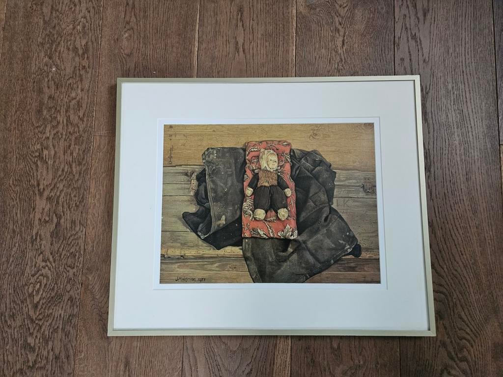Schilderij Jopie Huisman 1977 pop op rood kussen, Ophalen