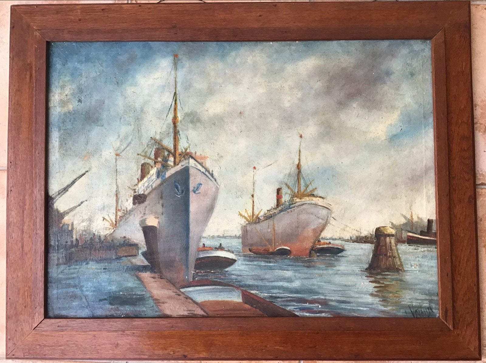 Olieverfschilderij van schepen in de haven, Ophalen, Maritiem / water, Doek, Gesigneerd