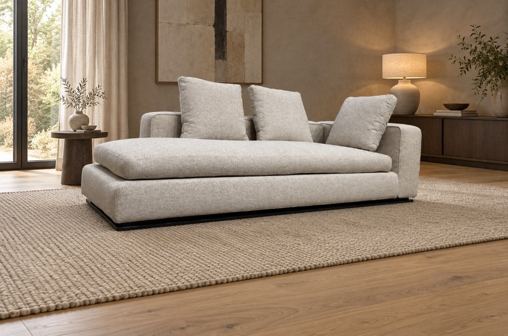 NIEUW Minotti Powell Chaise Longue Ecru + GARANTIE, 100 tot 125 cm, Minotti, Www.designplaats.nl, Rechte bank