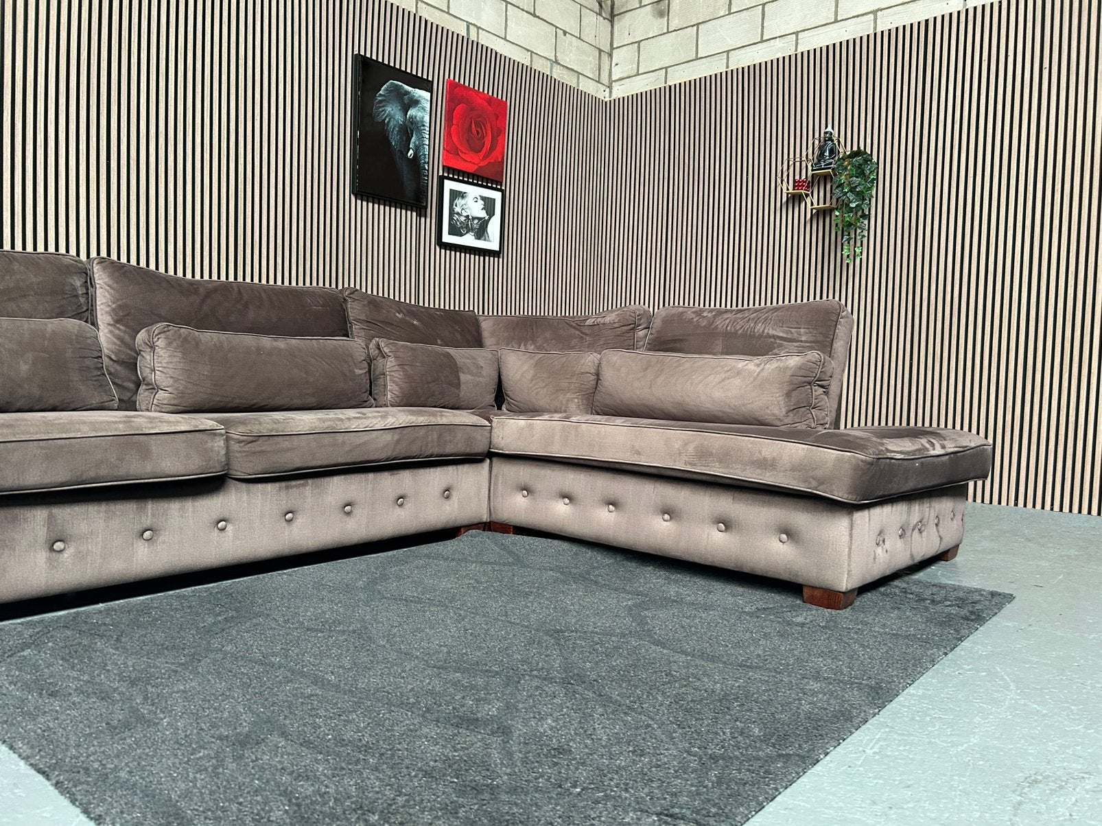 GRATIS LEVERING Velvet Hoekbank Bruin 345X250 GEREINIGD, Hoekbank, 300 cm of meer, Ophalen of Verzenden, Zo goed als nieuw