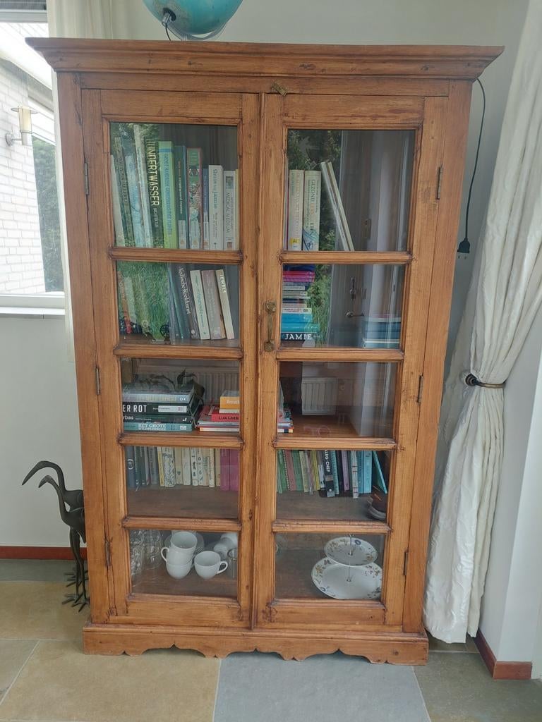 Teakhouten Boekenkast met Glazen Deuren, Ophalen, 100 tot 150 cm, Glas, Klassiek, Koloniaal