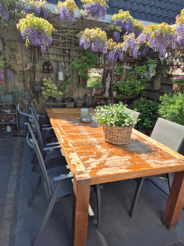 Mooie grote 6 persoons Tuintafel, teak hout, hout, Tuin en Terras, Tuintafels, Ophalen, Gebruikt, Rechthoekig, Hout