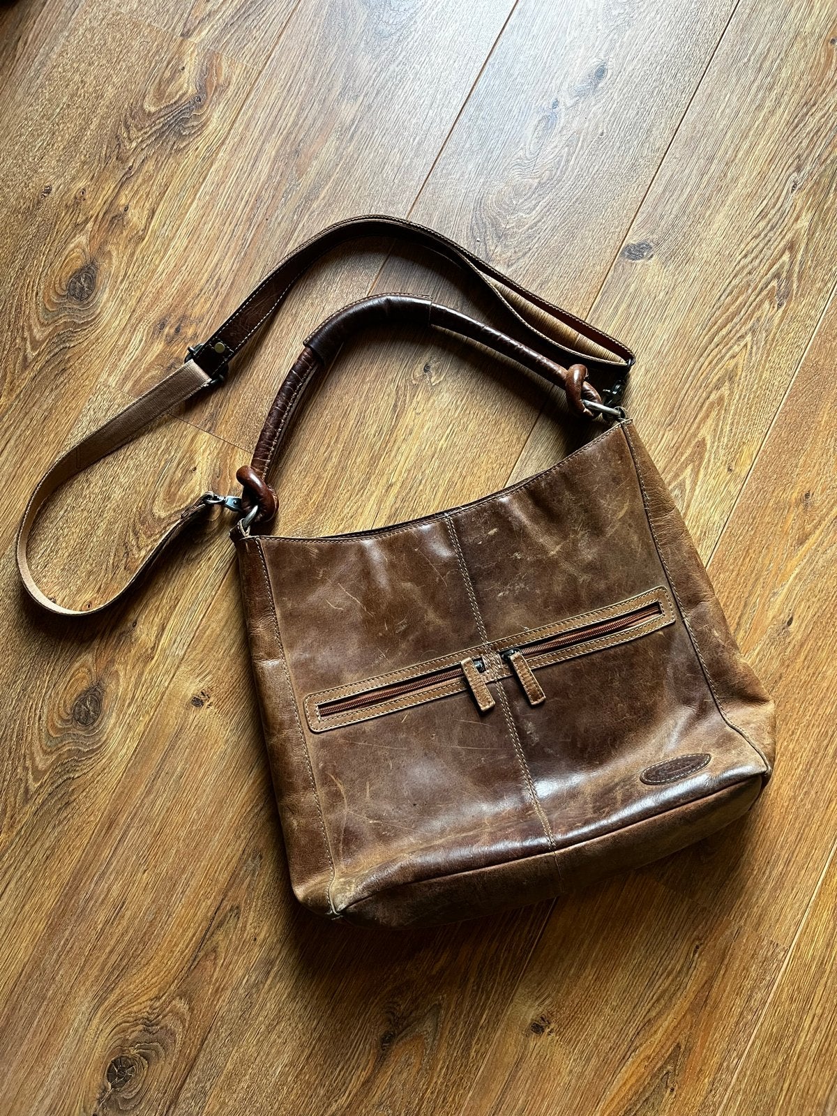Leren schoudertas cognac - MicMac, Sieraden, Tassen en Uiterlijk, Ophalen of Verzenden, Gebruikt, Bruin, Handtas