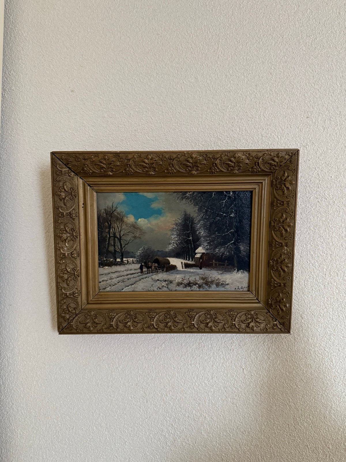 Sfeervol winters landschap schilderij, gesigneerd, Doek, Realistisch, Ophalen of Verzenden, Gesigneerd