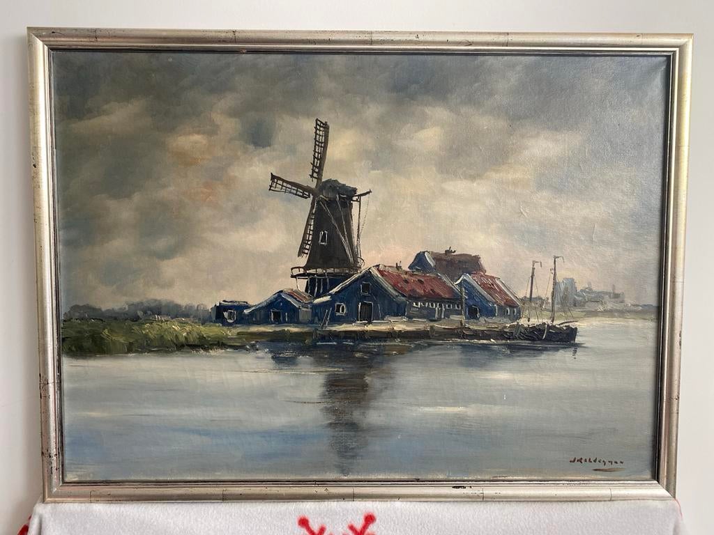 Jan Kelderman - Hollands landschap met- Molengezicht,, Antiek en Kunst, Ophalen of Verzenden