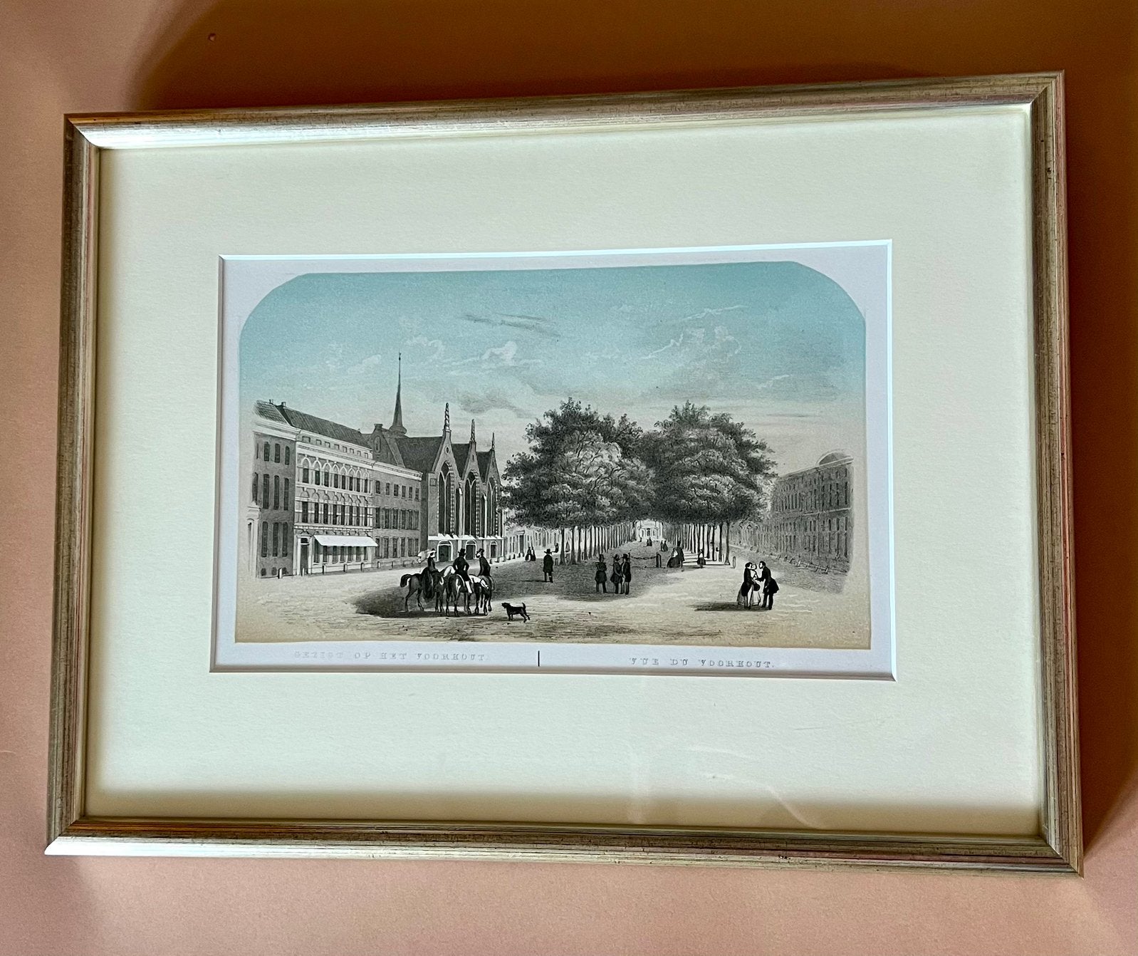 Kleurenlitho 1857 Zicht op het Voorhout, Ophalen, Ingelijst, Landschappen, Lithografie