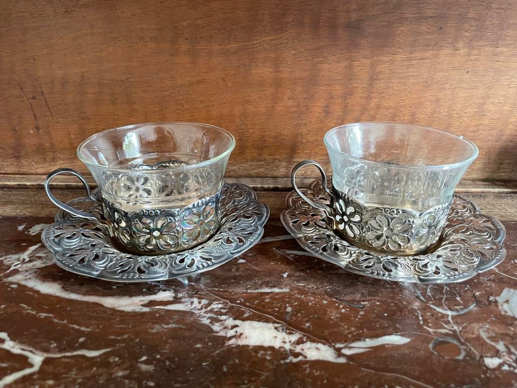 Set van 2 Schott Mainz Jena Glas theekopjes met houders, Antiek en Kunst, Ophalen of Verzenden