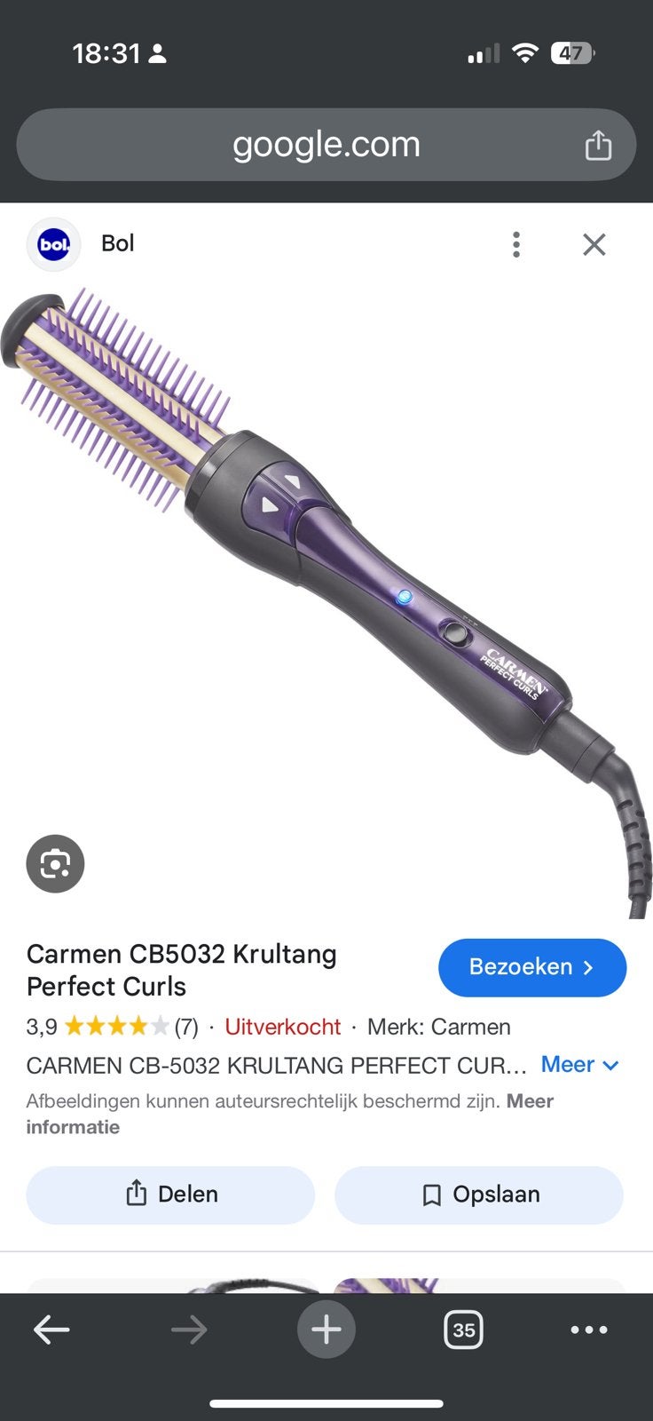 Gezocht! Carmen roterende krulborstel cb5032 perfect curl, Ophalen of Verzenden, Zo goed als nieuw, Krultang of Stijltang