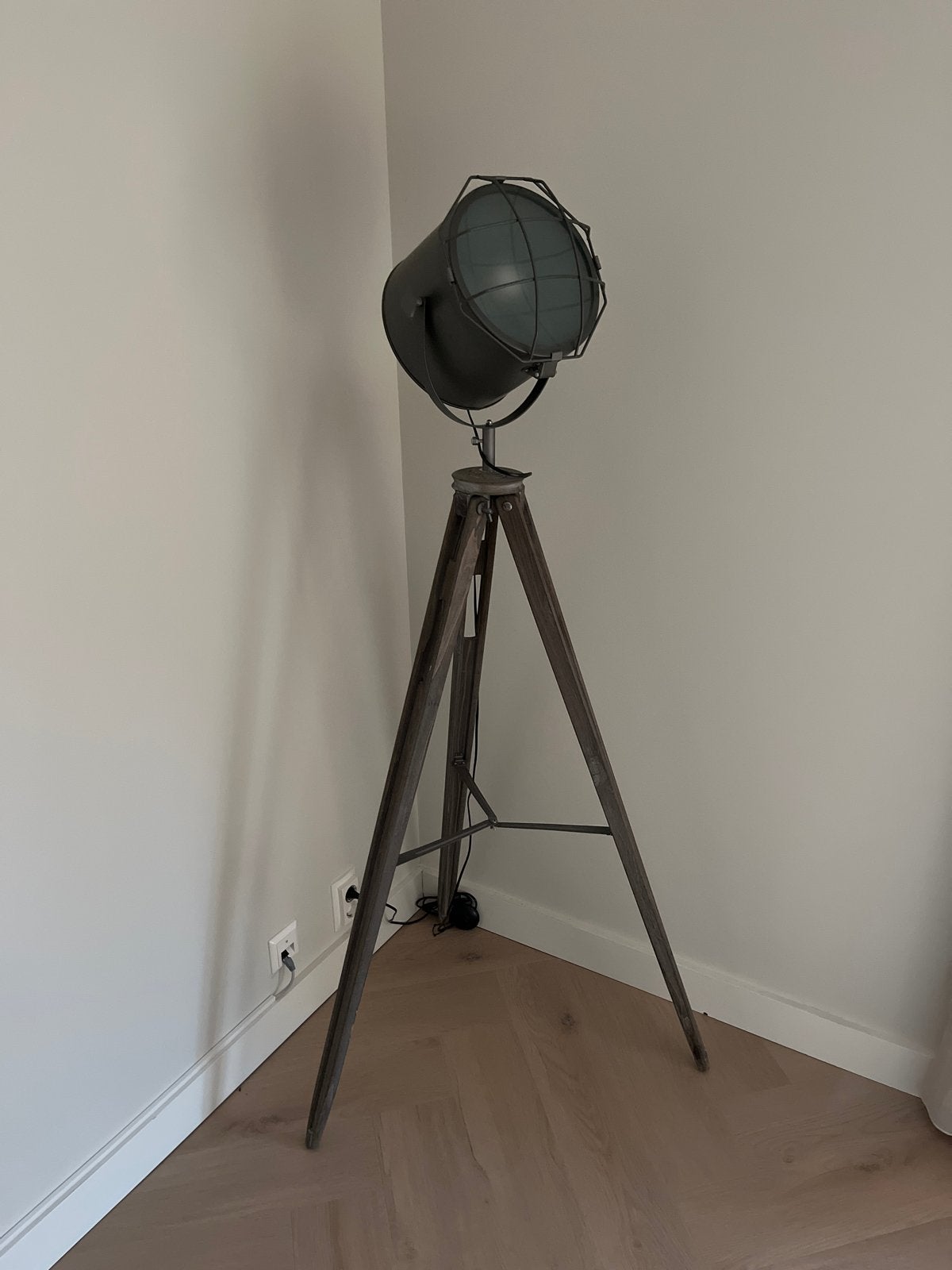 Industriële Vloerlamp met Houten Statief, Ophalen, Gebruikt, E27 (groot), 150 tot 200 cm
