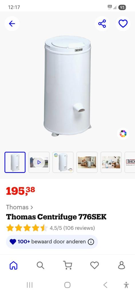 Nieuw Thomas Centrifuge 776SEK - Compacte Wasdroger, 1200 tot 1600 toeren, Minder dan 4 kg, Bovenlader, Nieuw