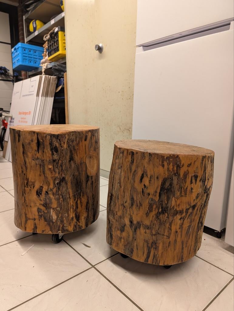 Houten boomstam bijzettafels op wieltjes, Ophalen, Rond, Minder dan 55 cm, 45 tot 60 cm