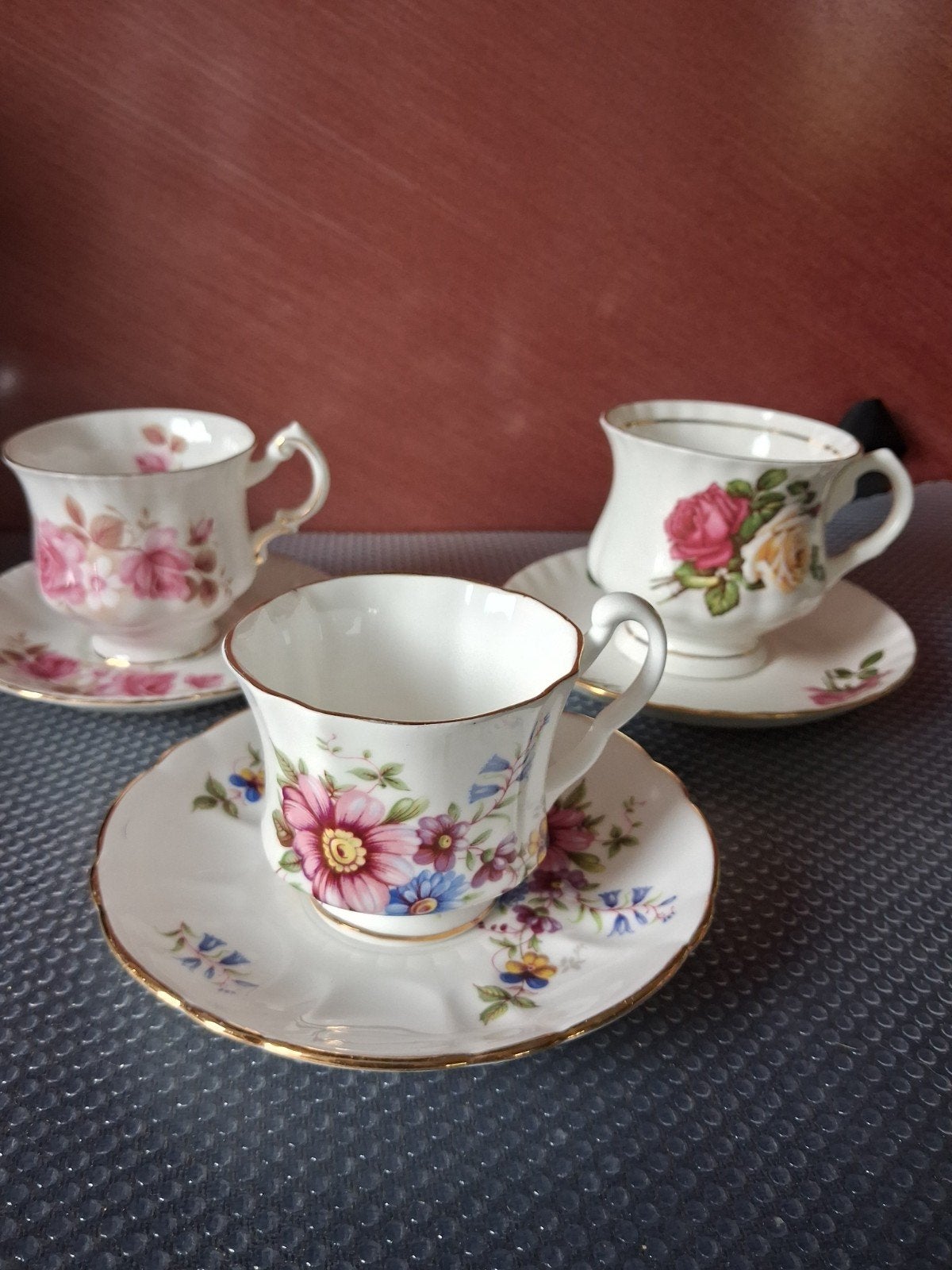 Set van 3 vintage theekopjes met schotels - diverse merken, Antiek en Kunst, Antiek | Porselein, Ophalen of Verzenden