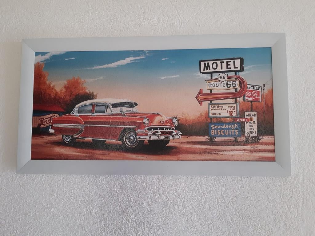Reproductie 'Jaren 50' - Route 66 met klassieke auto, Ophalen of Verzenden