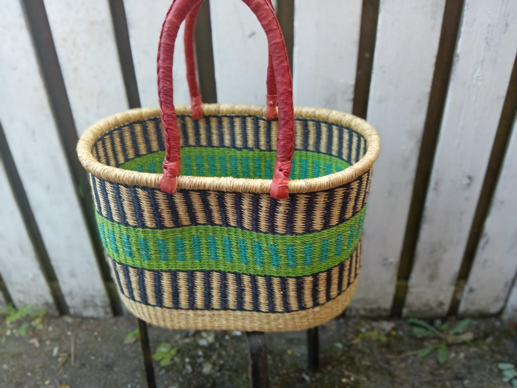 Bolgatanga mand Ghana grote shopper 62x45 cm lederen handvat, Overige materialen, Mand, Nieuw, Ophalen of Verzenden