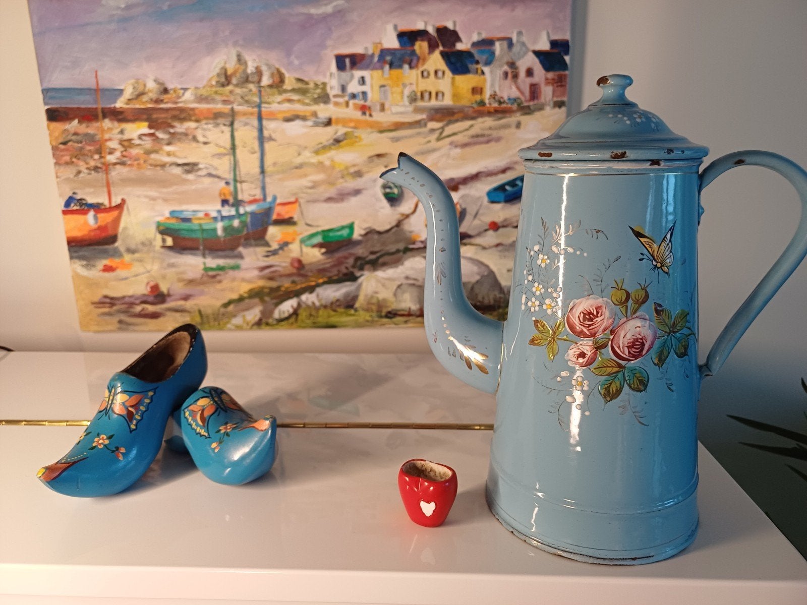 Blauwe Franse koffiepot met roosjes /vlinder, Antiek en Kunst, Antiek | Emaille, Ophalen of Verzenden