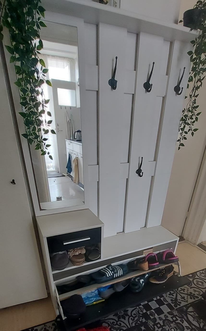 Moderne kapstok met spiegel en schoenenkast, Wandkapstok, 200 cm of meer, Ophalen of Verzenden, Zo goed als nieuw