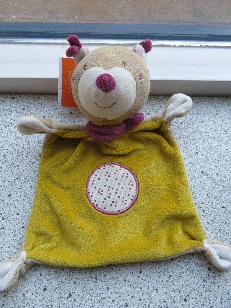 Knuffeldoek beer met geel/okergeel lijf merk Pusblu, Beer, Nieuw, Ophalen of Verzenden, Wasbaar