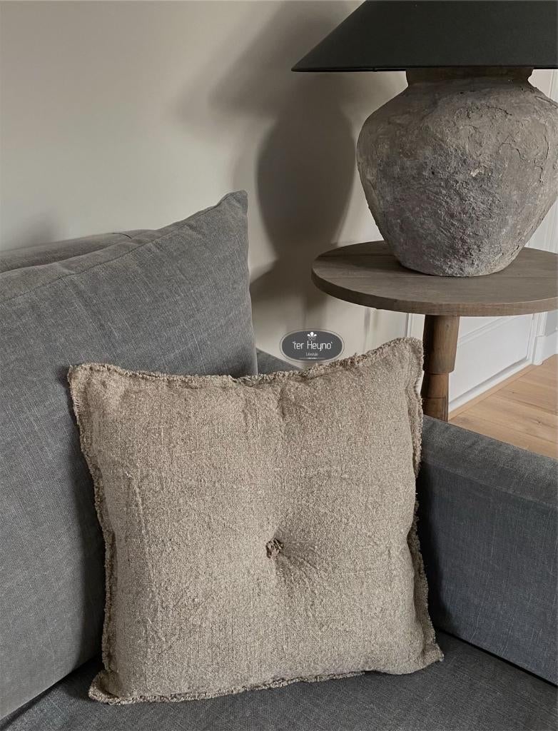 Shabby linnen kussen naturel knoop stoer sober landelijk, Verzenden, Nieuw, Overige kleuren, Vierkant