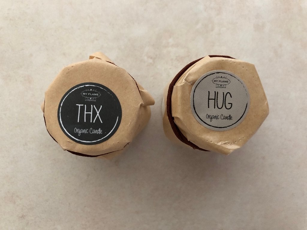 My flame geurkaarsen "Hug" en Thx", nieuw, Ophalen of Verzenden, Nieuw, Overige materialen, Kaars