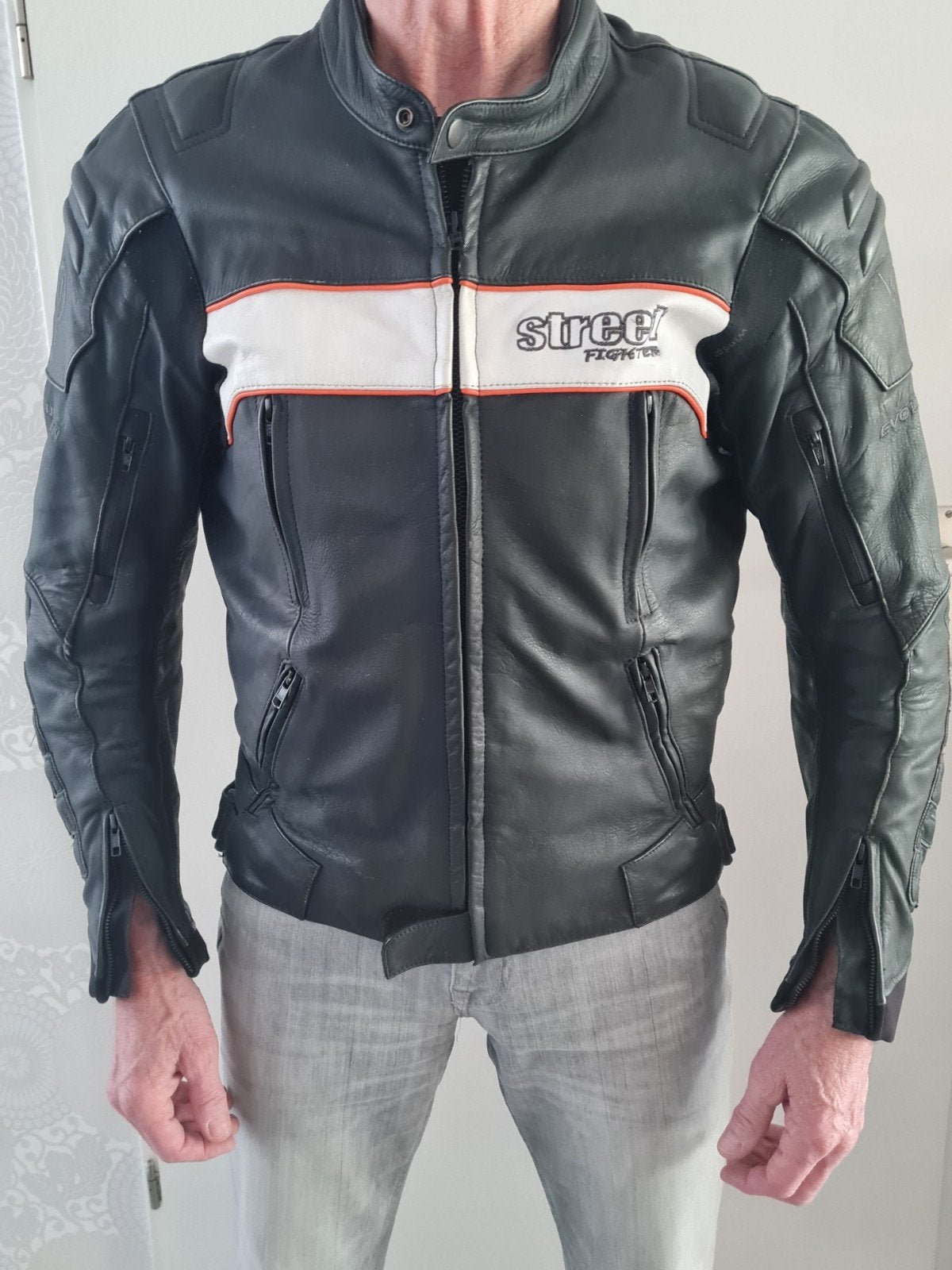 Streetfighter Evolution Leren Motorjas - Zwart/Wit, Evolution Motorcycling Clothing, Heren, Jas | leer, Ophalen of Verzenden