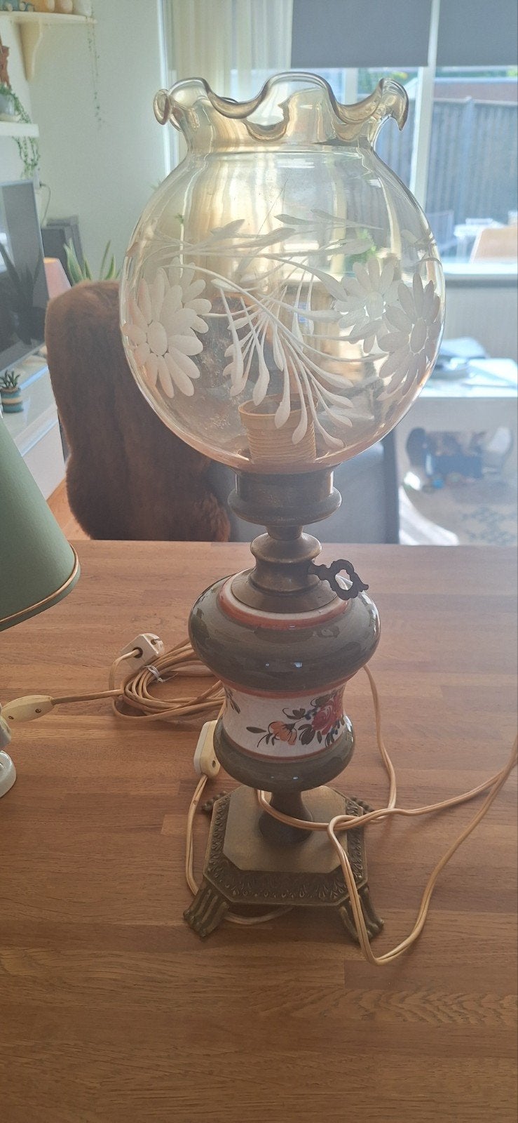 Vintage 'Oolielamp' Tafellamp – Keramiek & Geëtst Glas, Antiek en Kunst, Ophalen of Verzenden