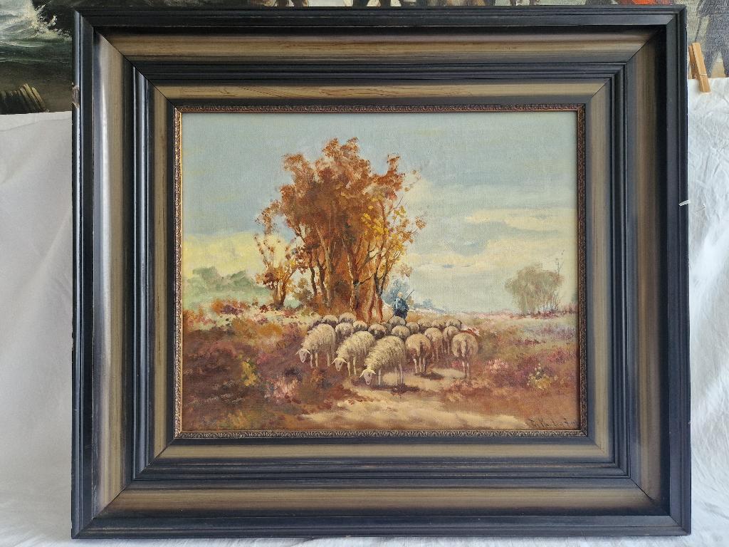 Schilderij olieverf op doek "Herder met schaapskudde" SCH25, Ophalen of Verzenden