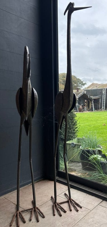 Set van 2 metalen reiger beelden - Tuin of Interieur, Ophalen, Meer dan 2 meter, Zwart, Beeld