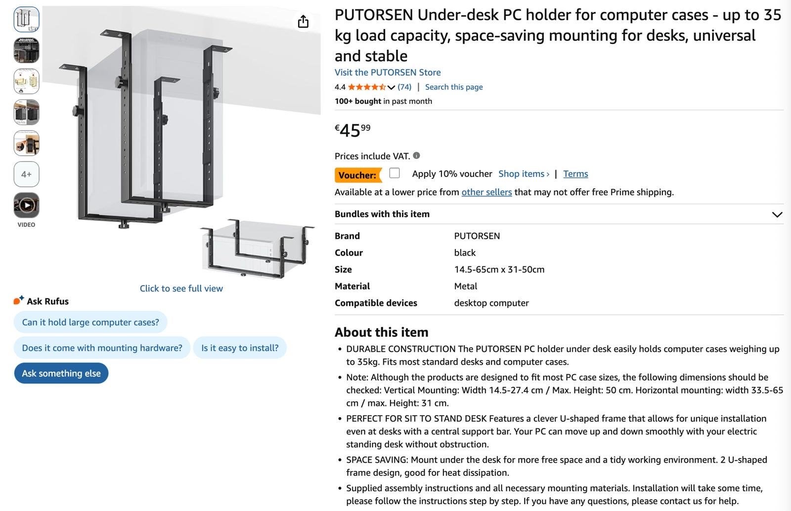 PUTORSEN PC Houder voor onder bureau - tot 35 kg, Computers en Software, Ophalen, Nieuw