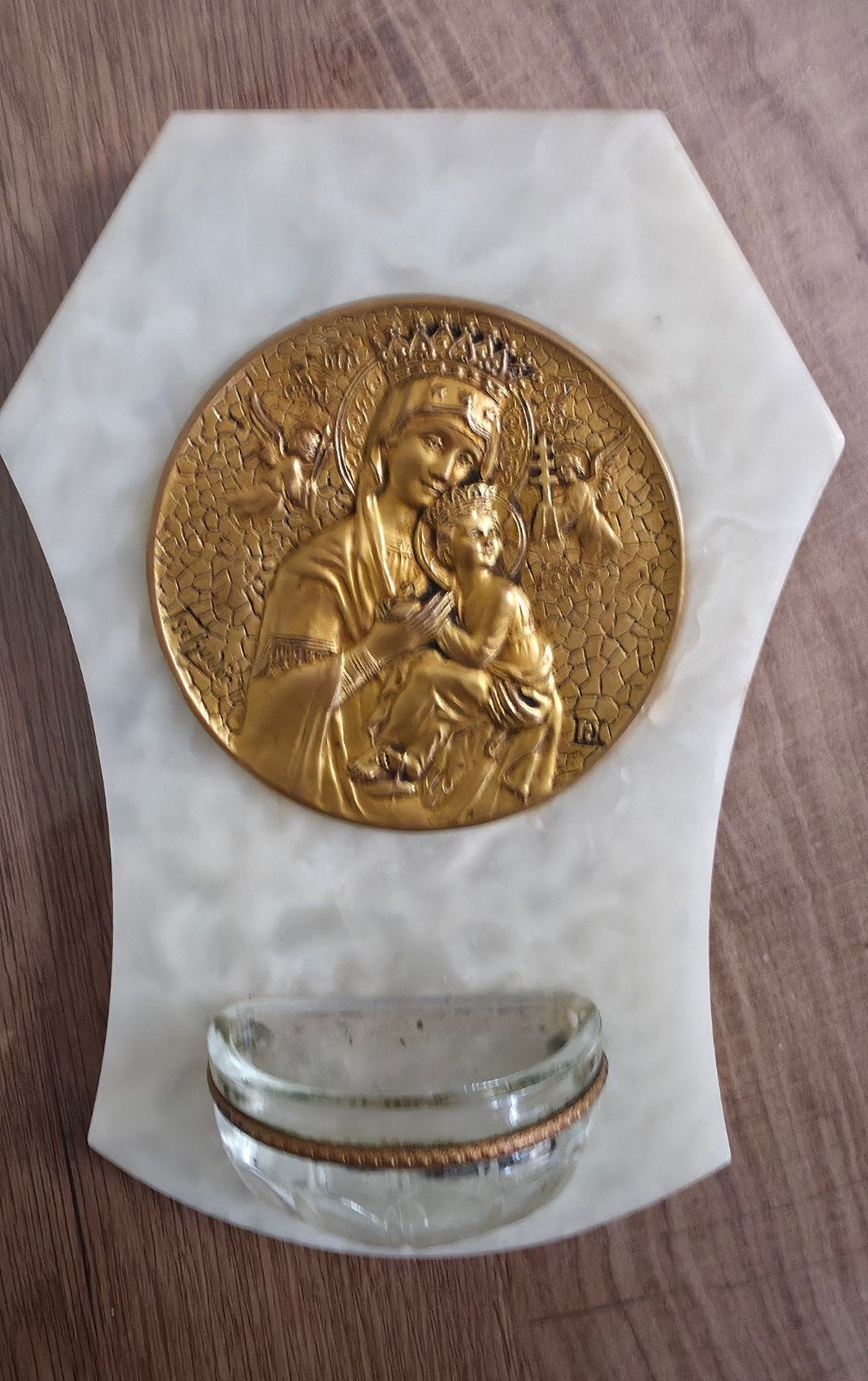 Antiek Marmeren Wijwatervat – Bronzen Medaillon R. Tschudin, Antiek en Kunst, Ophalen of Verzenden