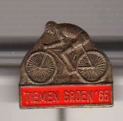 Speldje TIEMEN GROEN 65 WIELRENNEN FIETS (A9), Ophalen of Verzenden, Gebruikt, Overige onderwerpen