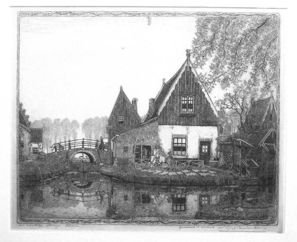 GROTE ets W.O.J. Nieuwenkamp 'Het aardige sluisje' Edam 1913, Dagelijks leven, Ets, 1900 - 1949, Ingelijst