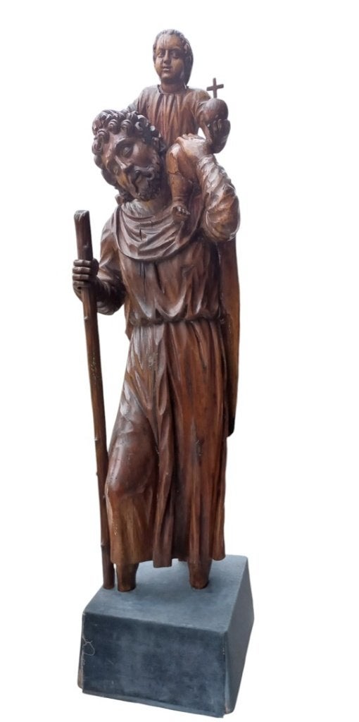 17de eeuwse "heilige Christoffel" beeld in walnoot., Antiek en Kunst, Ophalen, 1 meter - 2 meter, Beeld, Hout