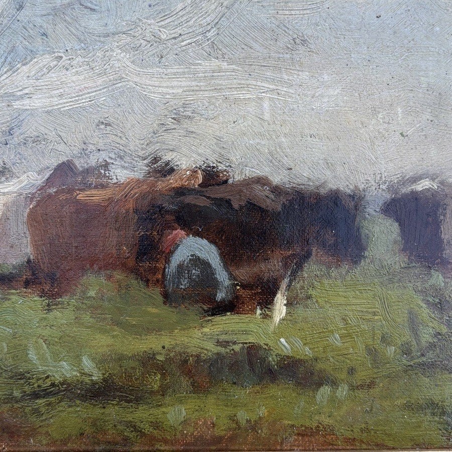 Geo Poggenbeek (1853-1903), melkende boer in het weiland, Antiek en Kunst, Ophalen of Verzenden