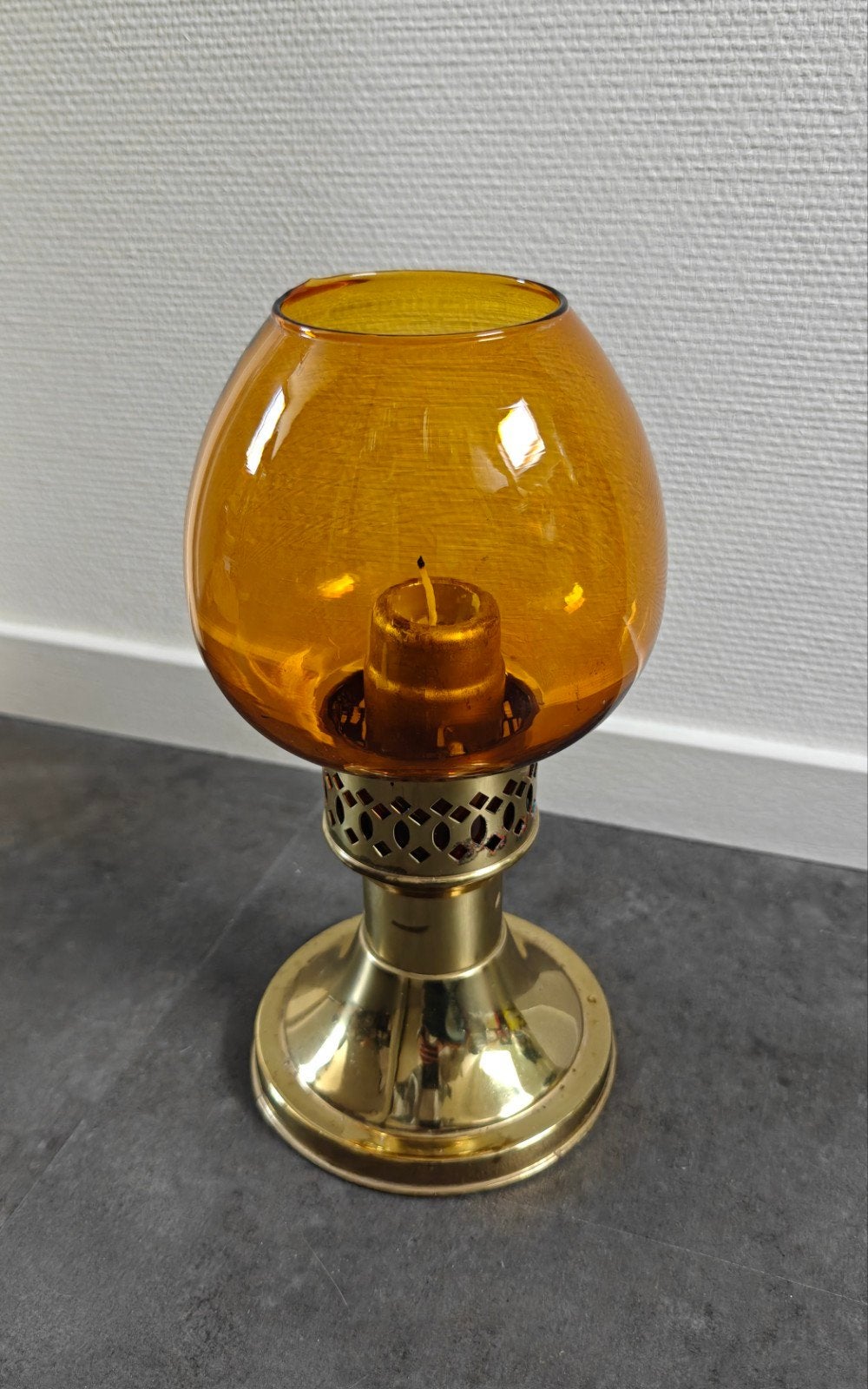 Vintage Mason Brass Constant-Flame Kaarslamp | Amber Glas, Gebruikt, Overige merken, Vintage, Ophalen of Verzenden