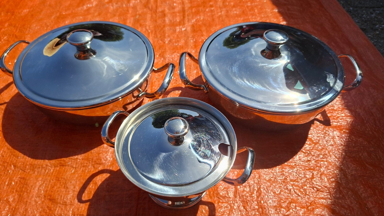 Vintage Alessi RVS Schalenset: 2 dekschalen, 1 juskom, Overige merken, Vintage, Ophalen of Verzenden, Metaal