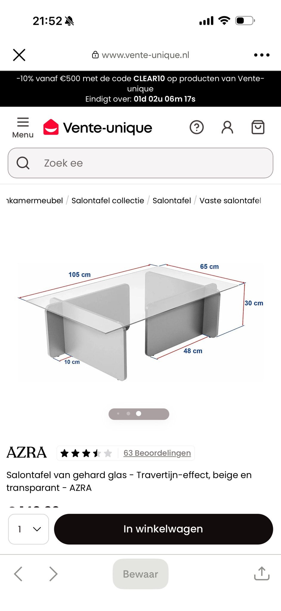 Glazen Salontafel met Travertijn-effect Onderstel, 100 tot 150 cm, Minder dan 50 cm, Rechthoekig, 50 tot 100 cm