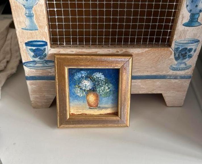 Miniatuur vintage schilderij hortensia bloemen vaas blauw, Ophalen of Verzenden