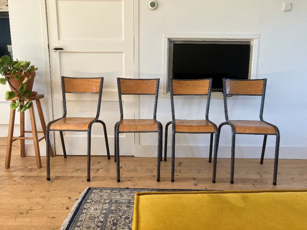 4 Franse schoolstoelen, Ophalen, Gebruikt, Bruin, Vier
