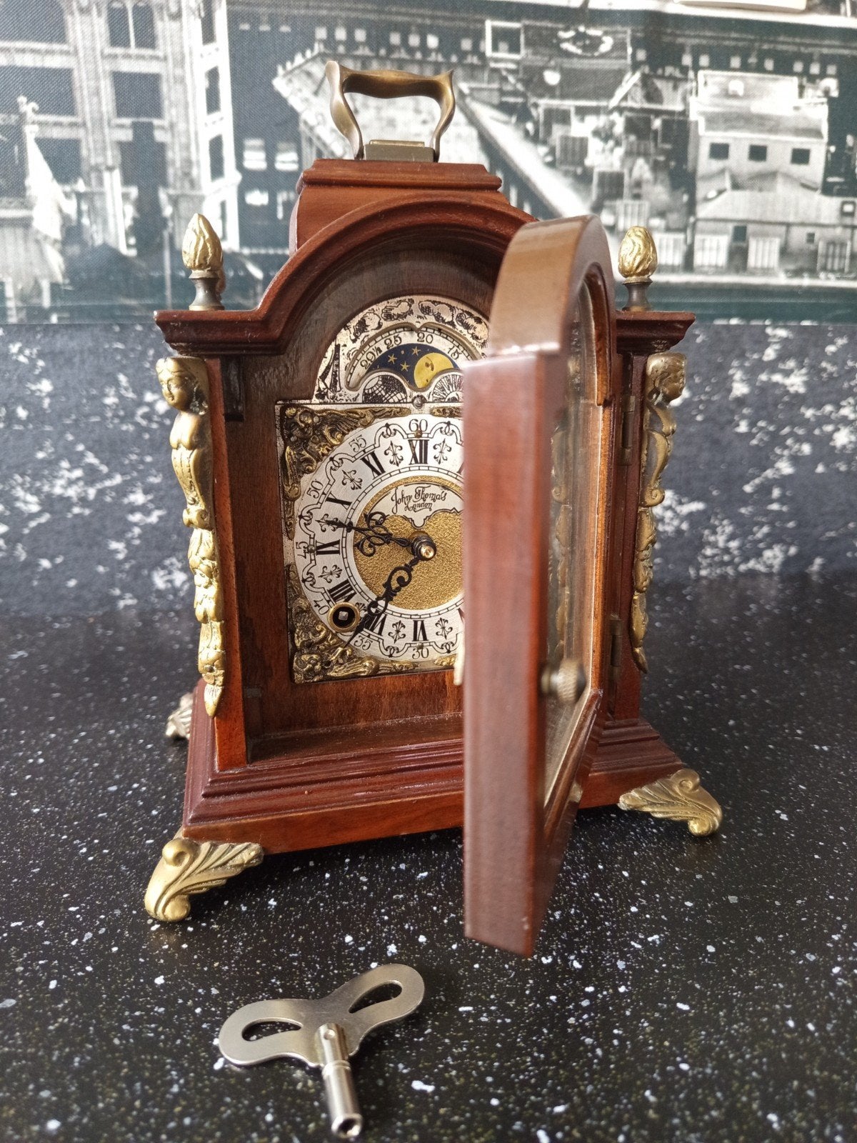 Vintage Tafelklok John Thomas London (Warmink) - Dubbele Bel, Antiek en Kunst, Ophalen of Verzenden