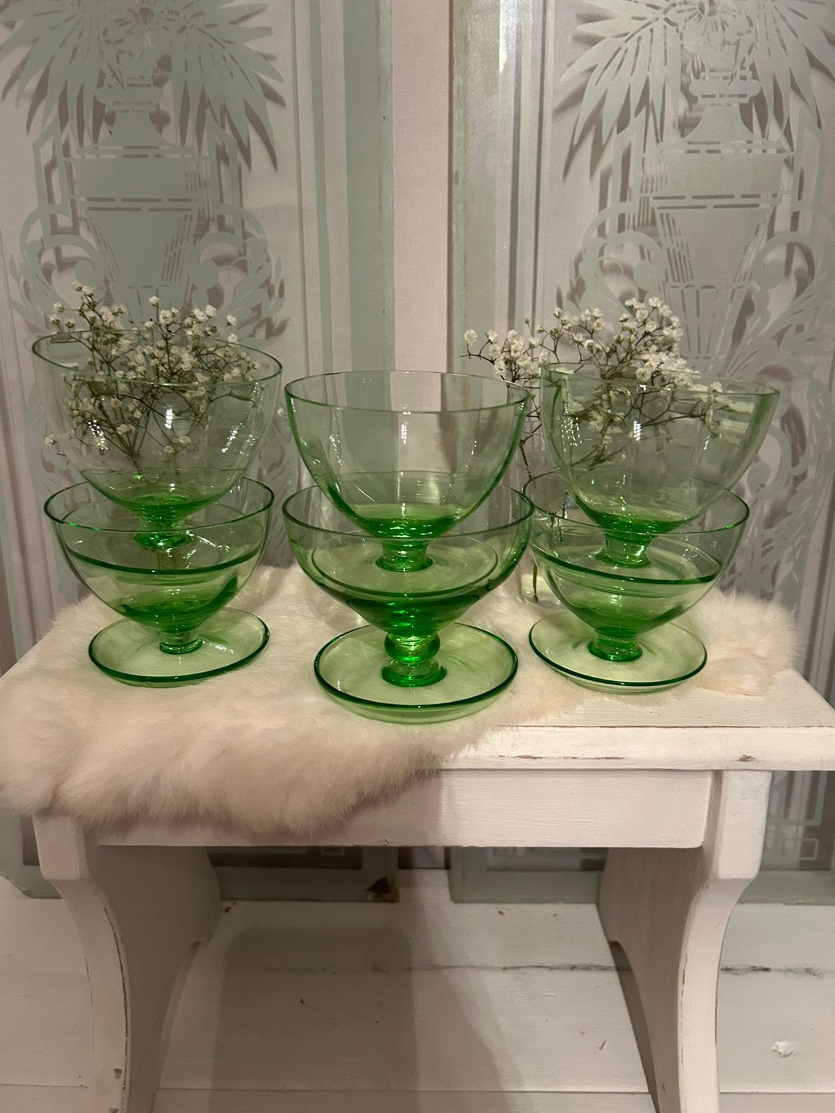 Uranium glazen coupes 6 stks izgst 1900 Anna groen glas, Ophalen