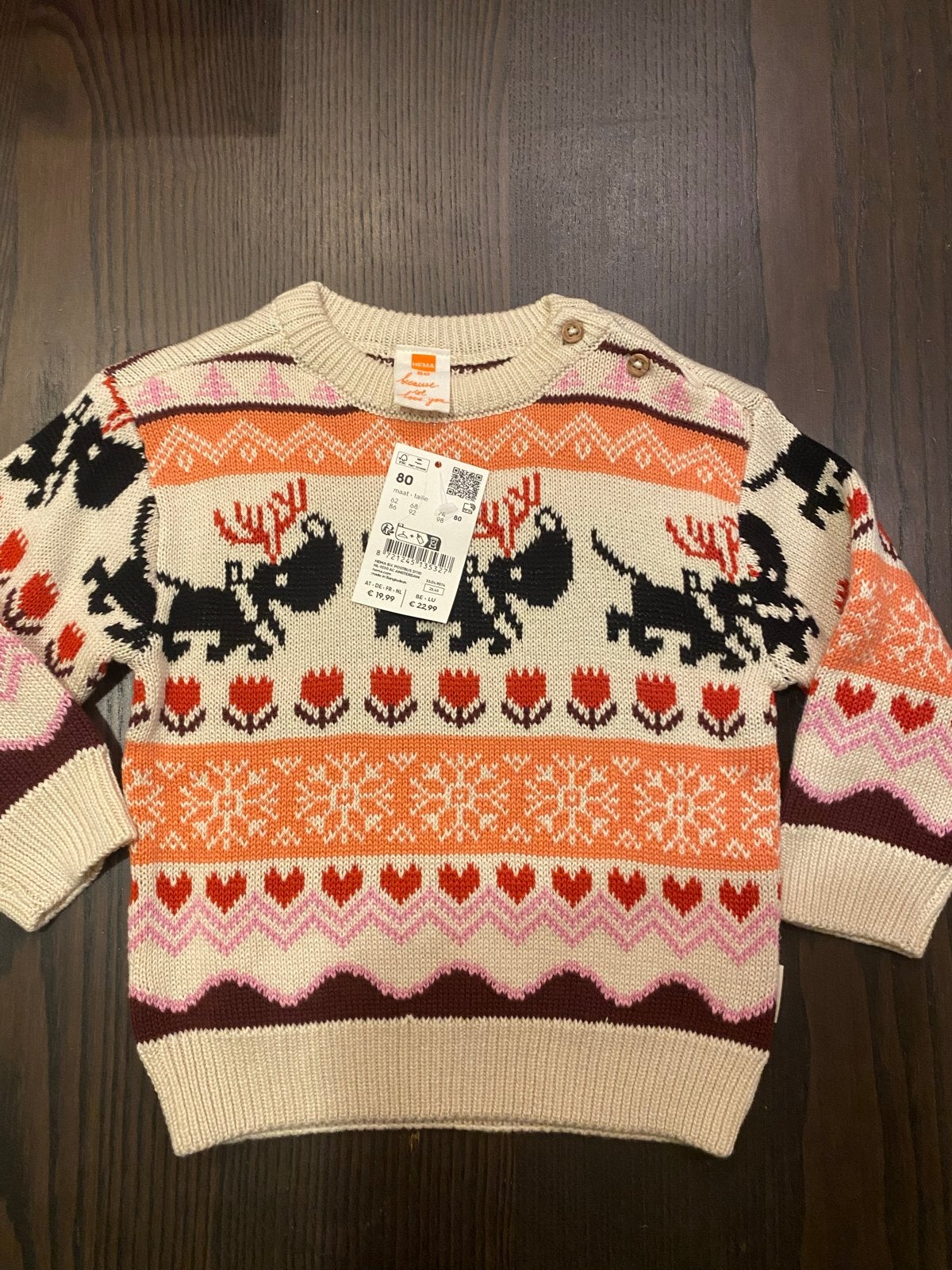 Nieuw HEMA truitje maat 80 met rendieren en bloemen, Ophalen of Verzenden, Nieuw, Jongetje of Meisje, Truitje of Vestje