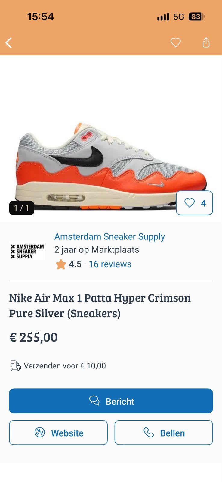 Nike air maxx Patta Hyper Crisson Pure Silver maat 44, Sport en Fitness, Ophalen of Verzenden, Nieuw, Schoenen