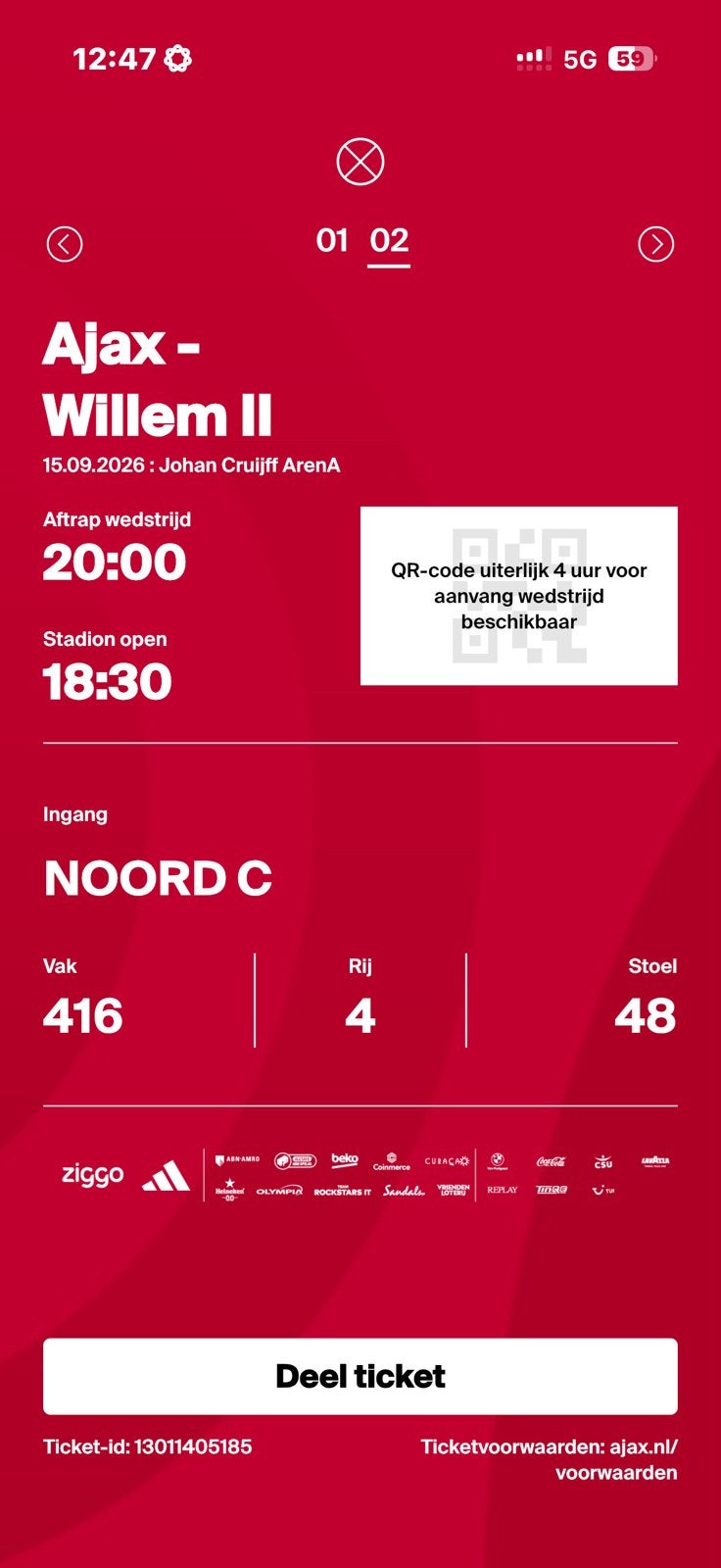 2 tickets ajax-willem II, Tickets en Kaartjes, Sport | Voetbal, Twee personen, Oktober
