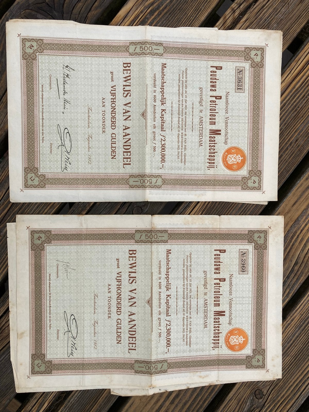 Collectors item: 2x Aandeel Pedoewa Petroleum-Maatsch. 1912, Ophalen of Verzenden, Voor 1920, Aandeel